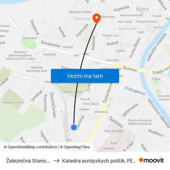 Železničná Stanica Nitra to Katedra európskych politík, FEŠRR, SPU map