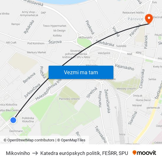 Mikovíniho to Katedra európskych politík, FEŠRR, SPU map