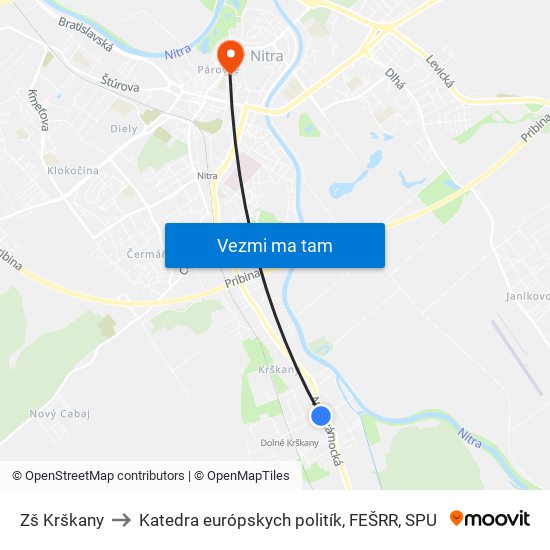 Zš Krškany to Katedra európskych politík, FEŠRR, SPU map