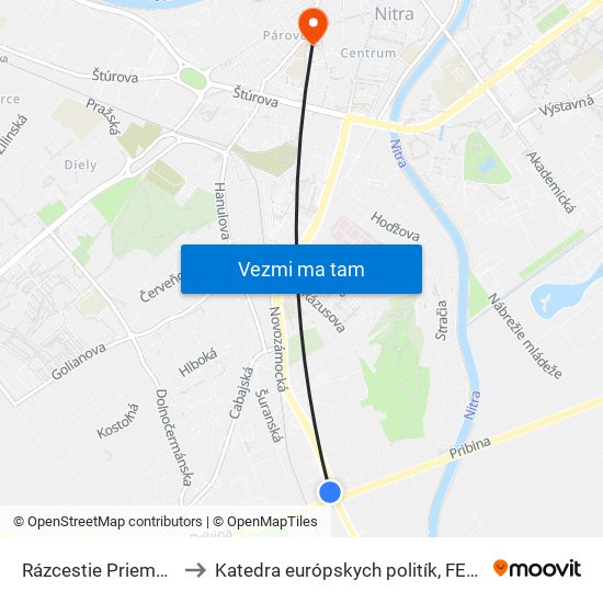 Rázcestie Priemyselná to Katedra európskych politík, FEŠRR, SPU map