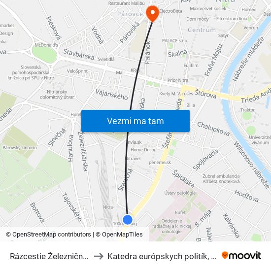 Rázcestie Železničná Stanica to Katedra európskych politík, FEŠRR, SPU map