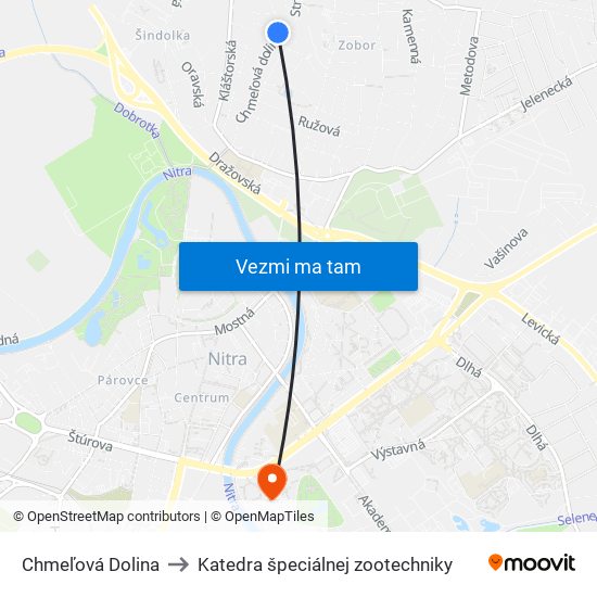 Chmeľová Dolina to Katedra špeciálnej zootechniky map