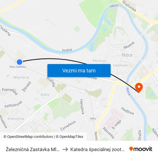 Železničná Zastávka Mlynárce to Katedra špeciálnej zootechniky map