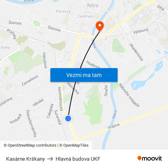 Kasárne Krškany to Hlavná budova UKF map