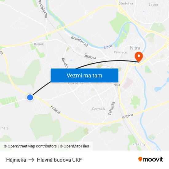 Hájnická to Hlavná budova UKF map