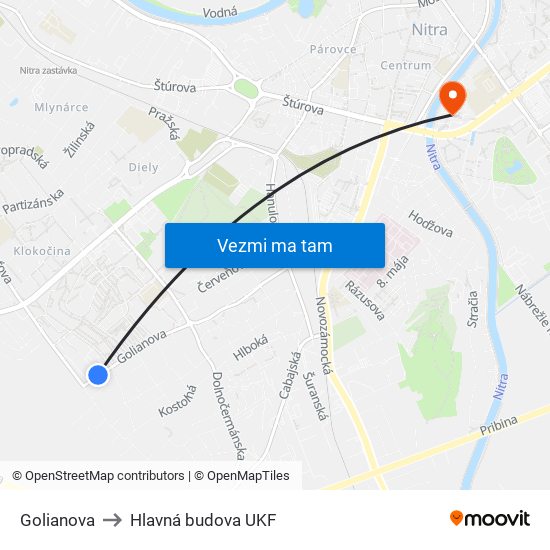 Golianova to Hlavná budova UKF map