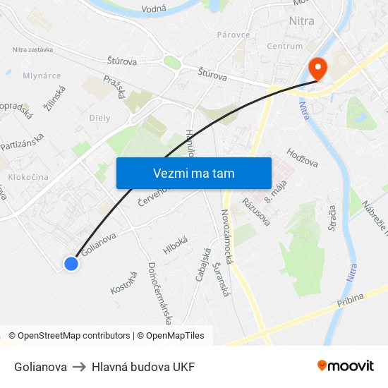 Golianova to Hlavná budova UKF map