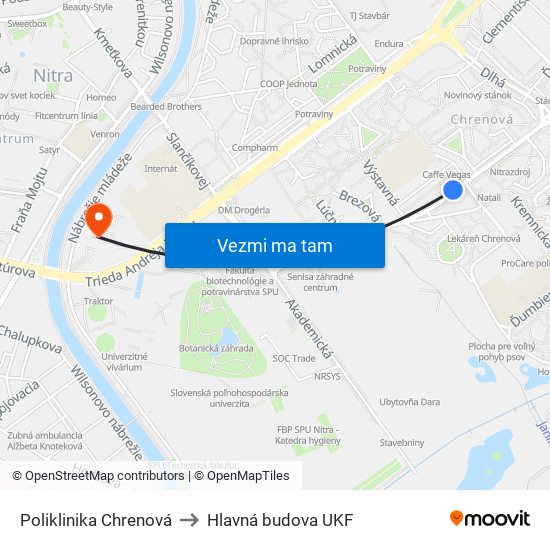 Poliklinika Chrenová to Hlavná budova UKF map