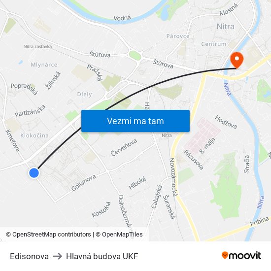 Edisonova to Hlavná budova UKF map