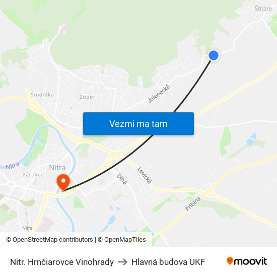 Nitr. Hrnčiarovce Vinohrady to Hlavná budova UKF map