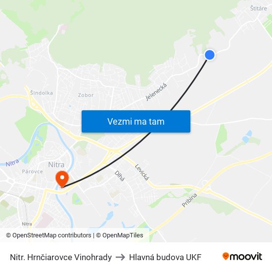 Nitr. Hrnčiarovce Vinohrady to Hlavná budova UKF map