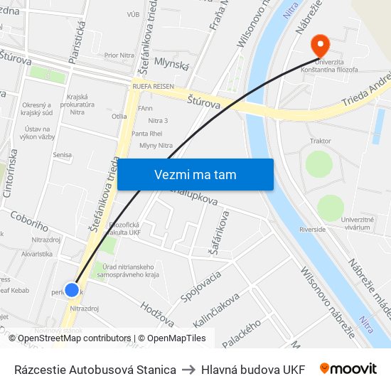 Rázcestie Autobusová Stanica to Hlavná budova UKF map