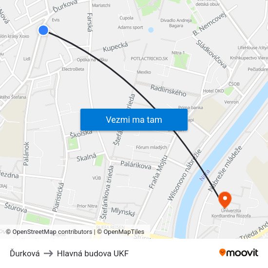 Ďurková to Hlavná budova UKF map