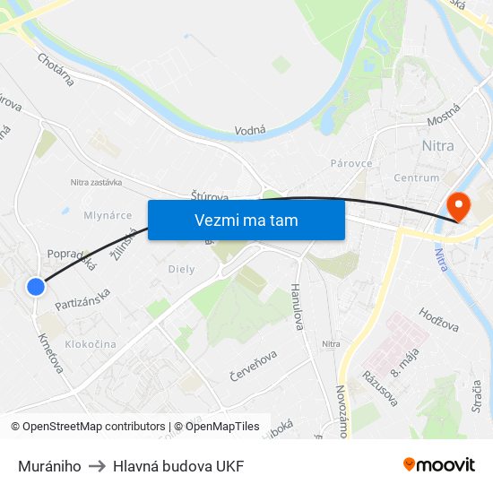 Murániho to Hlavná budova UKF map