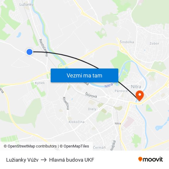 Lužianky Vúžv to Hlavná budova UKF map