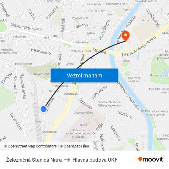 Železničná Stanica Nitra to Hlavná budova UKF map