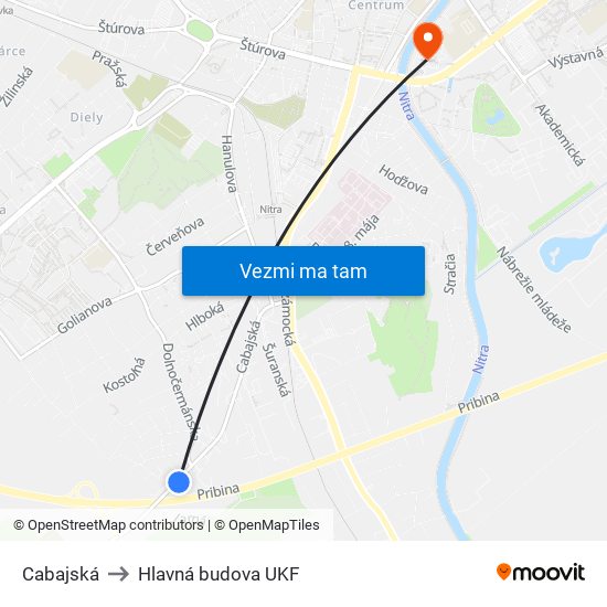 Cabajská to Hlavná budova UKF map