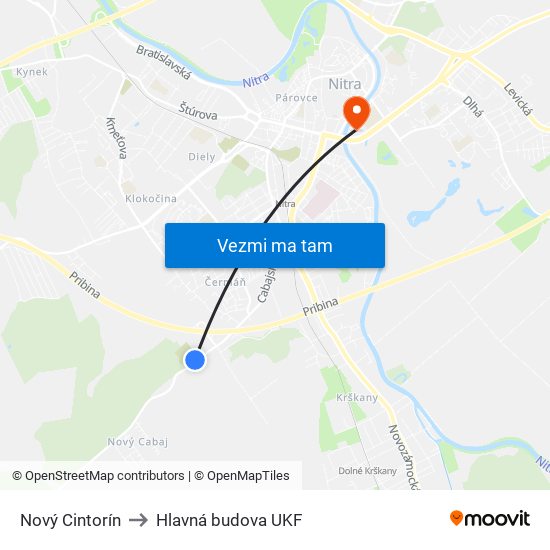 Nový Cintorín to Hlavná budova UKF map