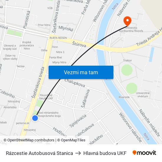 Rázcestie Autobusová Stanica to Hlavná budova UKF map