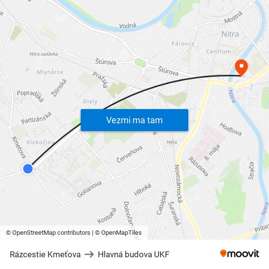 Rázcestie Kmeťova to Hlavná budova UKF map