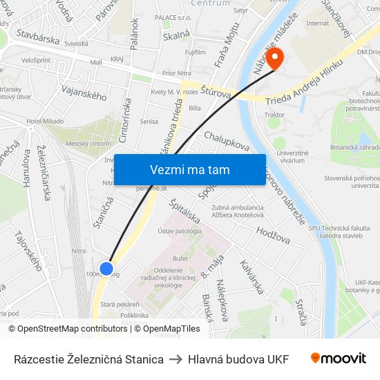 Rázcestie Železničná Stanica to Hlavná budova UKF map