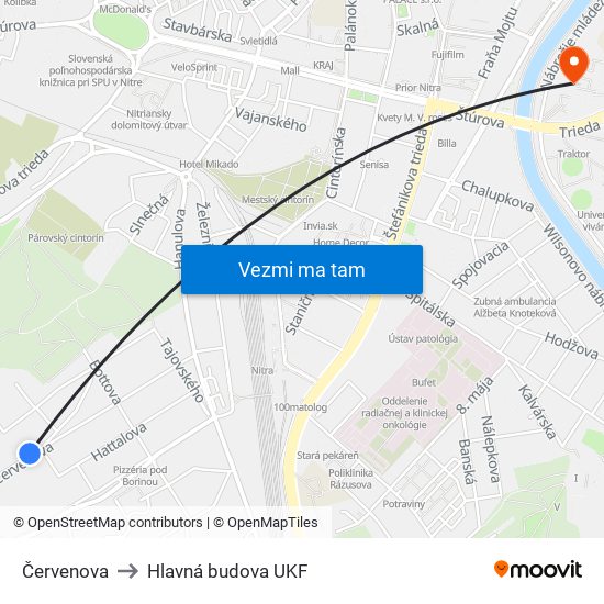 Červenova to Hlavná budova UKF map