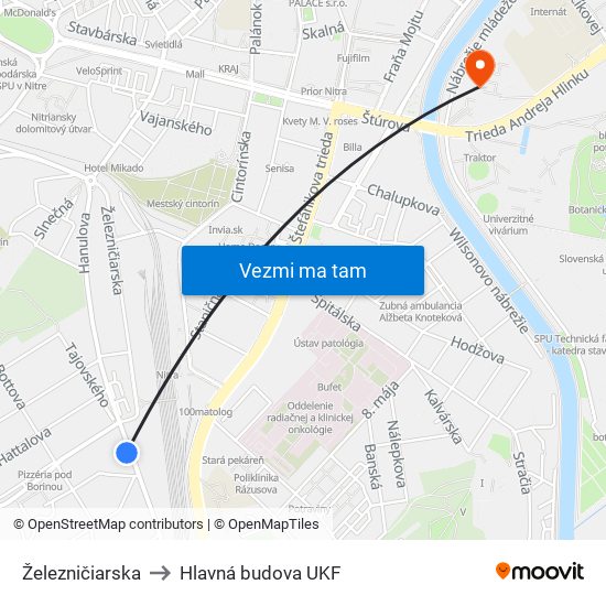 Železničiarska to Hlavná budova UKF map