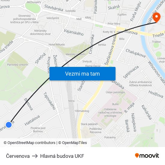 Červenova to Hlavná budova UKF map