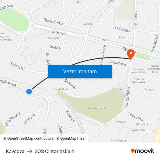 Kavcova to SOŠ Cintorínska 4 map