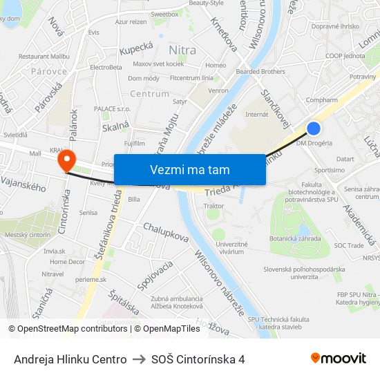 Andreja Hlinku Centro to SOŠ Cintorínska 4 map