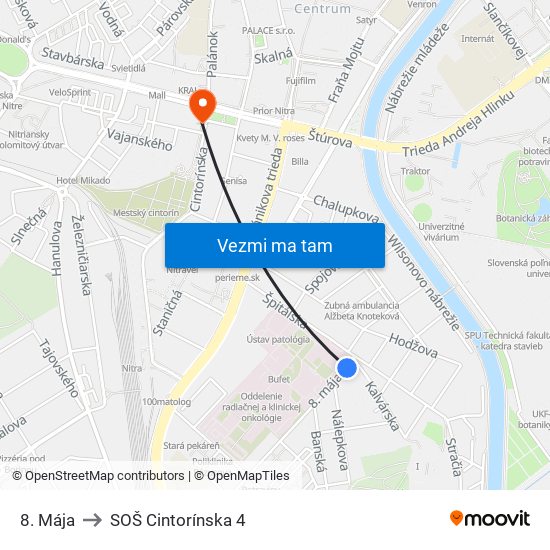 8. Mája to SOŠ Cintorínska 4 map