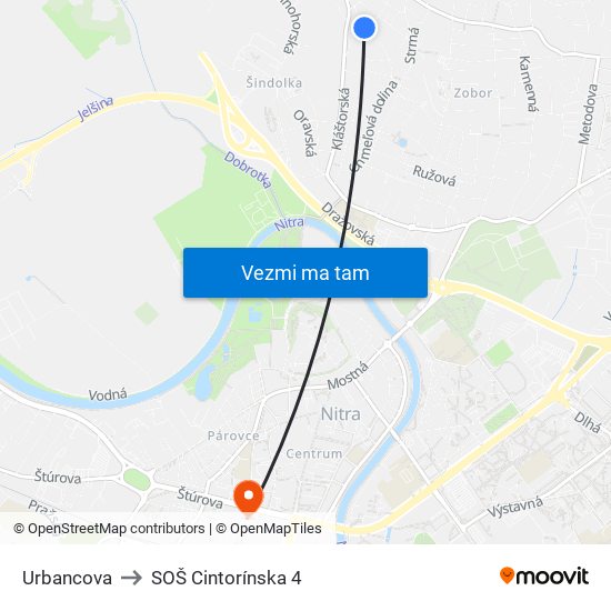 Urbancova to SOŠ Cintorínska 4 map