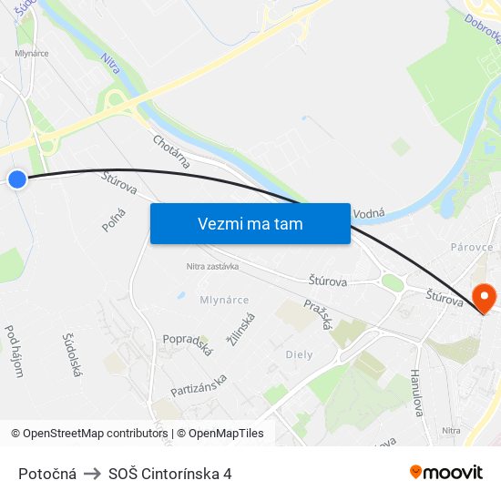 Potočná to SOŠ Cintorínska 4 map