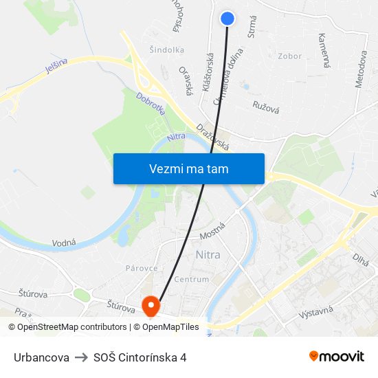 Urbancova to SOŠ Cintorínska 4 map