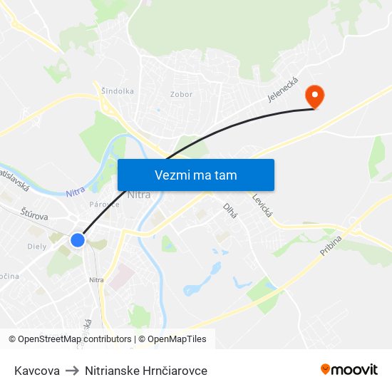 Kavcova to Nitrianske Hrnčiarovce map