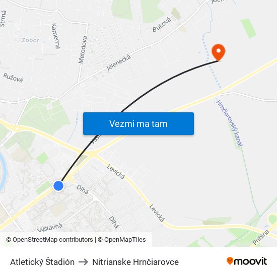 Atletický Štadión to Nitrianske Hrnčiarovce map