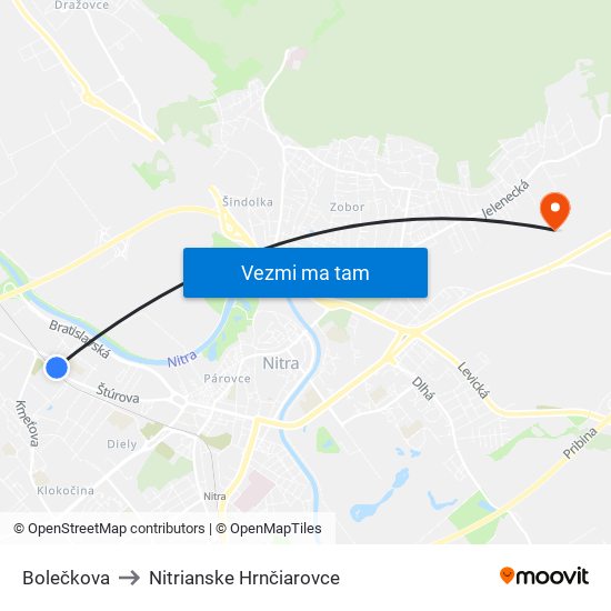 Bolečkova to Nitrianske Hrnčiarovce map