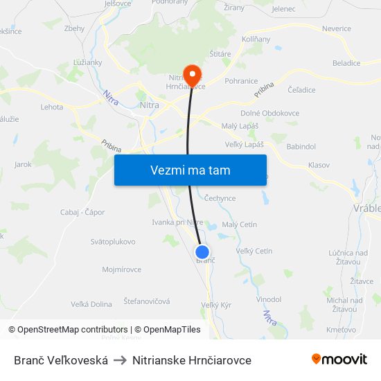 Branč Veľkoveská to Nitrianske Hrnčiarovce map