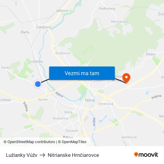 Lužianky Vúžv to Nitrianske Hrnčiarovce map