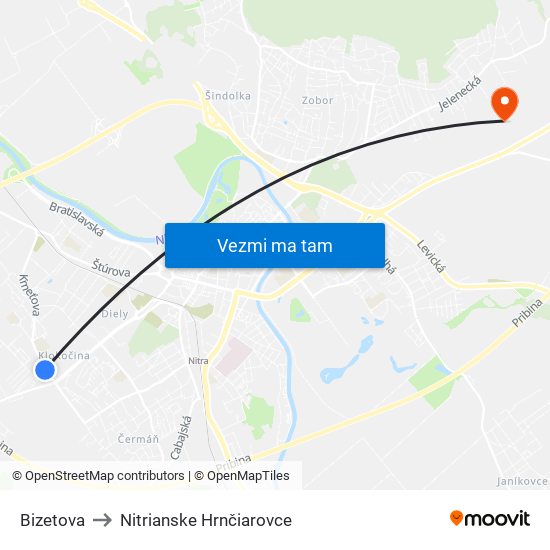 Bizetova to Nitrianske Hrnčiarovce map