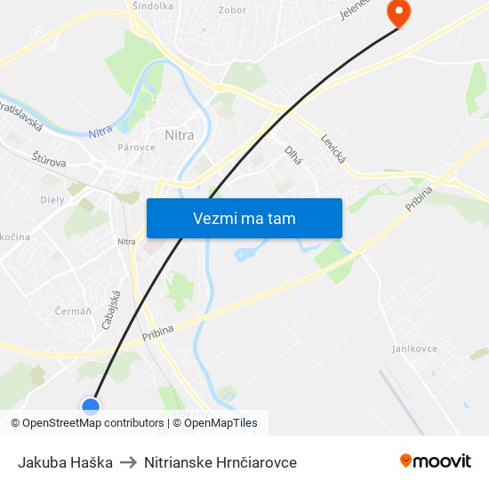 Jakuba Haška to Nitrianske Hrnčiarovce map