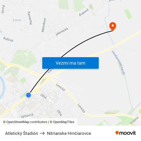 Atletický Štadión to Nitrianske Hrnčiarovce map