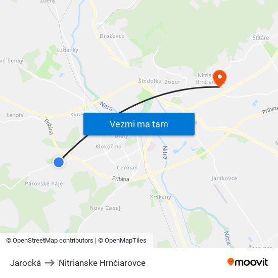 Jarocká to Nitrianske Hrnčiarovce map