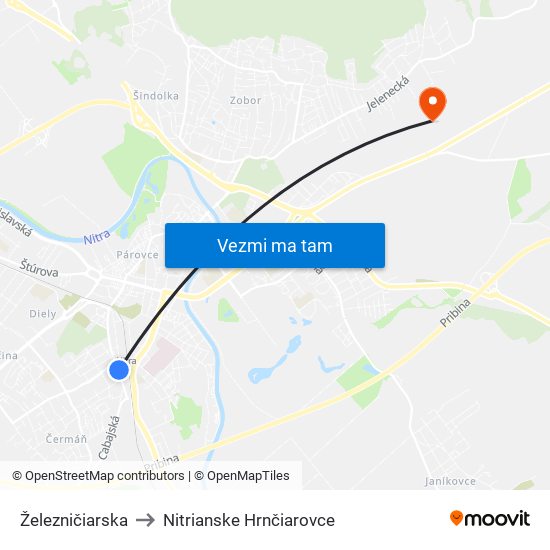 Železničiarska to Nitrianske Hrnčiarovce map