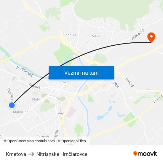 Kmeťova to Nitrianske Hrnčiarovce map