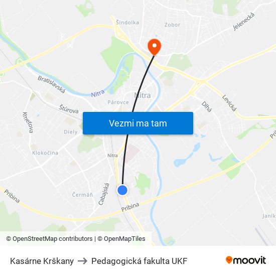 Kasárne Krškany to Pedagogická fakulta UKF map