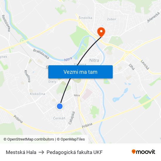 Mestská Hala to Pedagogická fakulta UKF map