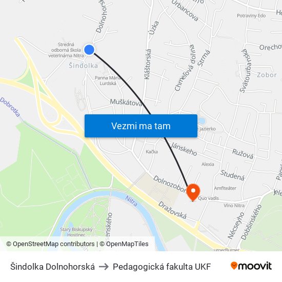 Šindolka Dolnohorská to Pedagogická fakulta UKF map