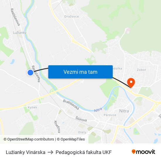 Lužianky Vinárska to Pedagogická fakulta UKF map