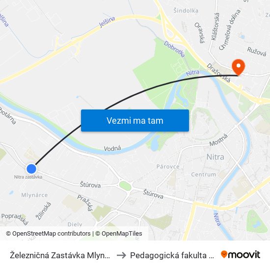 Železničná Zastávka Mlynárce to Pedagogická fakulta UKF map